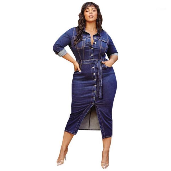 

women plus size denim dress spring casual long sleeve turn down neck pockets midi dress ladies sashes button solid dresses robe1, Black;gray