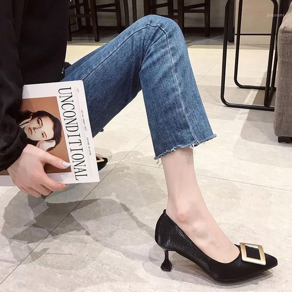 

2020 fashion women pumps ladies classic square buckle high heels pumps suede wedding shoes pointed female heel u28-201, Black
