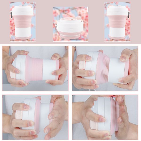

550ml folding silicone cup travel portable pink water cups silica coffee mug with lids office drinking summer gift indoor