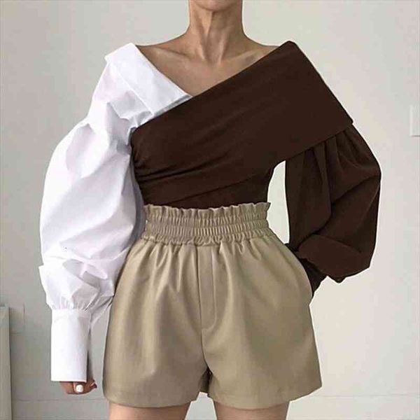 

[ewq] korean chic autumn winter cross v-neck off shoulder contrast color stitching bubble sleeve black t-shirt 16e4533, White;black