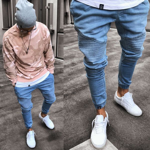 

brand new men's stretchy ripped ny biker jeans destroyed slim fit denim mens elastic waist harem jogger clothes, Blue