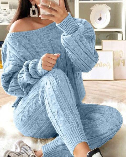 

solid cable knit drop shoulder long sleeve & pants set, White