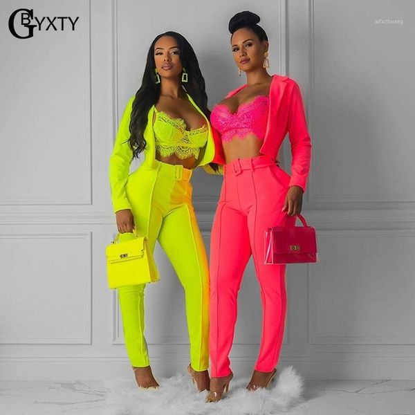 

gbyxty fashion blazer suit office lady work blazer and pencil pants 2 piece set with belt women autumn neon two piece set zl3751, Gray