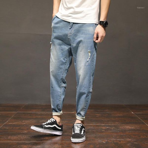 

fashion solid men jeans casual loose ankle length denim pants scratched jeans homme big size1, Blue