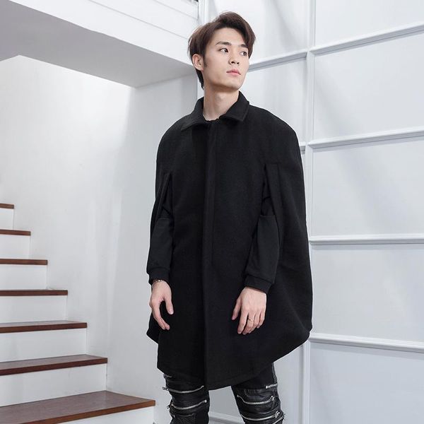 

short front, long back, round hem, woollen coat, loose lapel, cape, cape, winter coat, man of the hour mens overcoat trench, Black