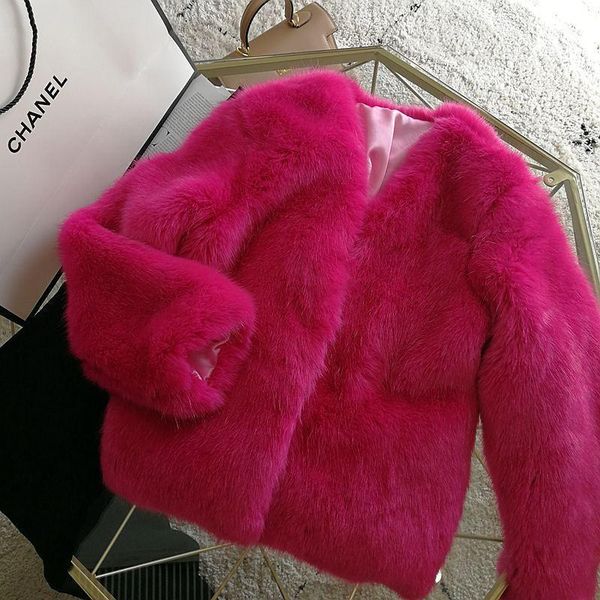 

2021 winter women imitate fur jacket korean fashion v-neck long sleeve rose red short furry coat loose ladies clothes a5141, Black