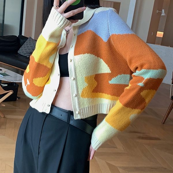 

14zim setting soft coat sweater sun in autumn and winter thin painting jacquard cardigan sweater coat women's lapel and long sleeve sho, White;black