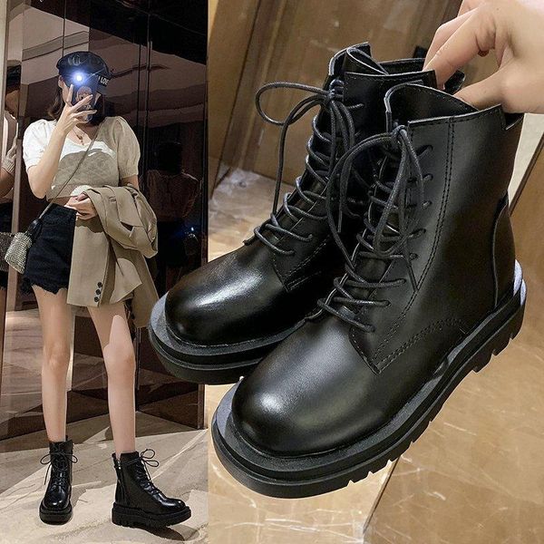 

flat heel shoes fashion boots woman boots-women round toe lace up platform punk leather low 2020 mid-calf rubber lolita ro, Black