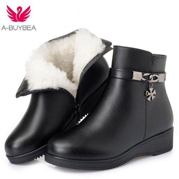 

wool women snow pu leather boots warm flat bottom platform for fur warm shoes ankle boots plush women winter, Black