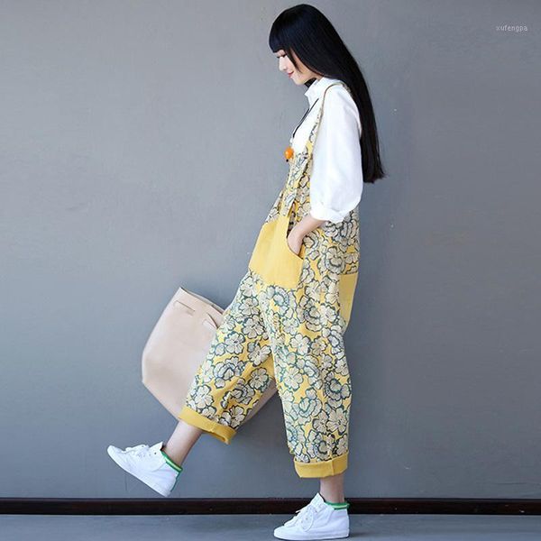 

scuwlinen 2020 new women pants vintage print loose spliced pocket scratched cotton overalls casual long trouser for women w251, Black;white