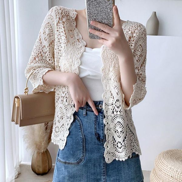 

korean slim vintage hollow out follower knitted lace blouse women cardigan beige white lace shirt ladies crop 2021