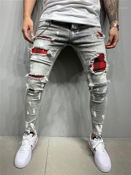 

jeans hole slim hip hop pencil pants autumn casual skateboard men designer trousers fashion mens paint, Blue