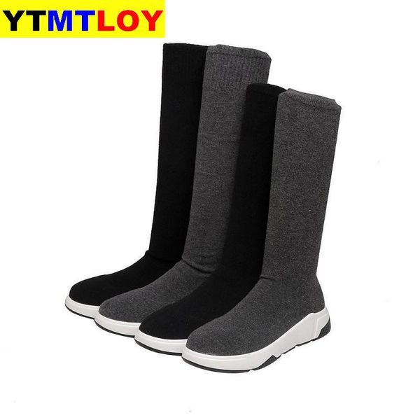 

winter new womens medium length boots thick bottom round toe slip on warm female over the knee long black stretch fabric