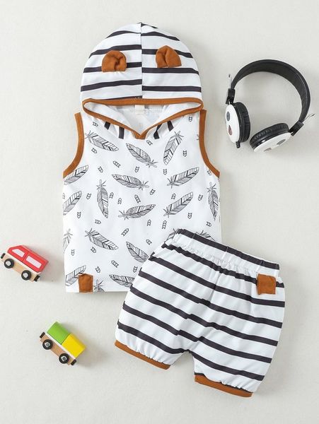 

baby striped print 3d ear design hooded tank & shorts she, White