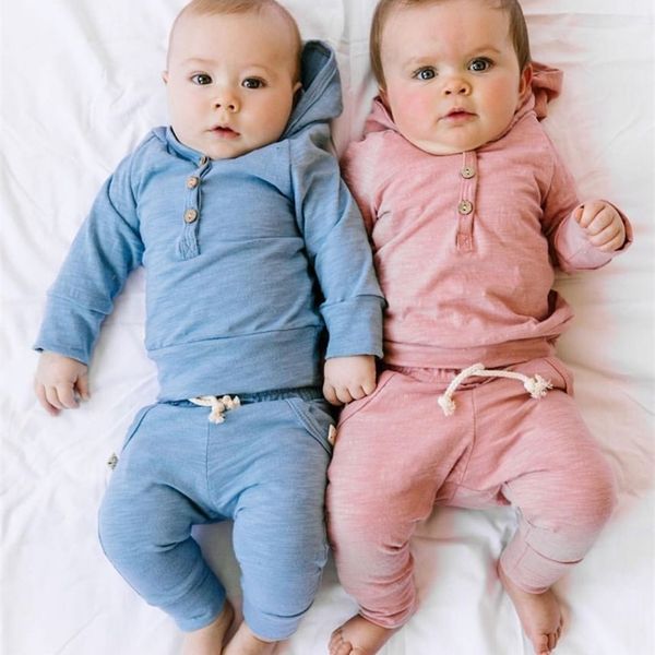 

newborn toddler baby boys girls clothes set long sleeve solid color hooded and pants infant clothing outfits y200803, White