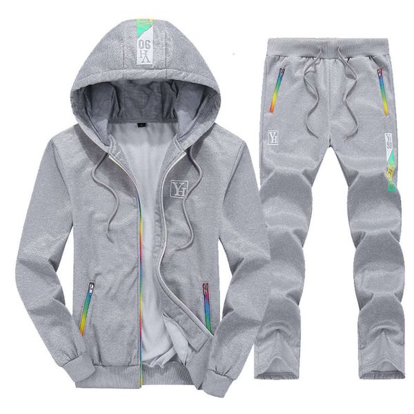 

2-piece and trousers men's set jacket zipper cardigan hooded casual sweater sports suit, Gray