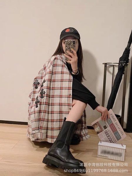 

nanyouchao brand croxin 20 autumn winter cross star graffiti red white blue plaid loose os cotton linen shirt, Black