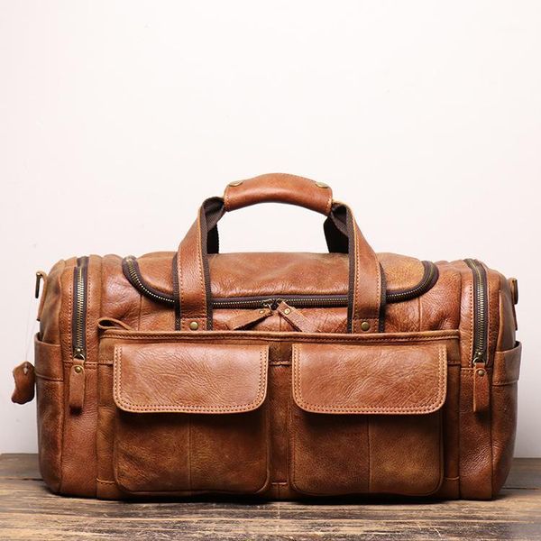 

duffel bags european retro frosted genuine leather outdoor luggage handbag men's shoulder messenger bag for short trip black travel bag