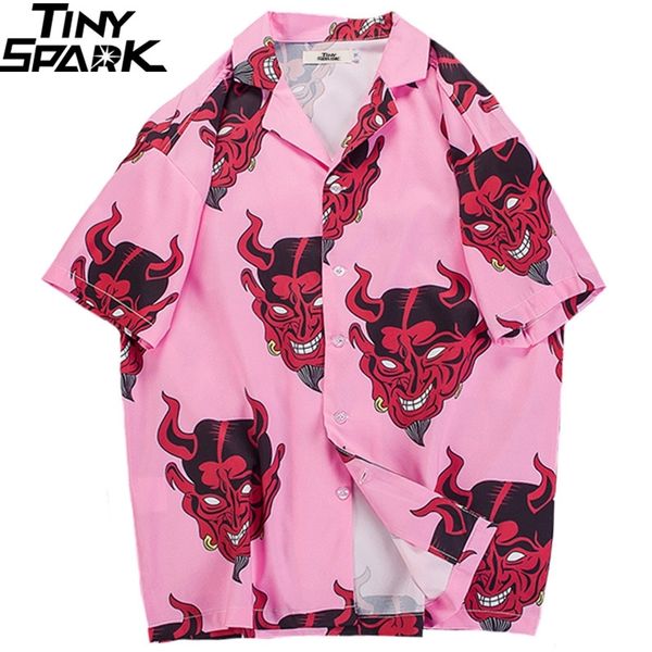 

hip hop shirts streetwear mens hawaiian shirt devil head harajuku summer beach shirt hawaii thin pink short sleeve, White;black