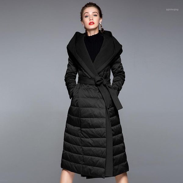 

2020 new women winter long coat slim a-line white duck down hooded women warm coat with belt casaco feminino parkas1, Black