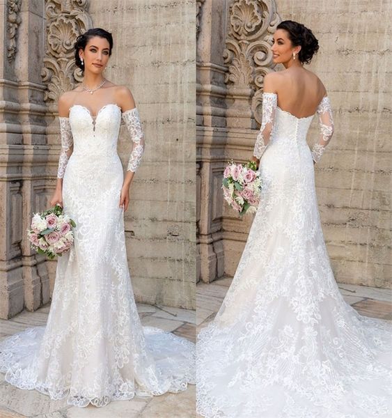 

elegant mermaid wedding dresses with detachable sleeve applique lace ruched tulle chic bridal gown sweep train custom made vestidos de novia, White