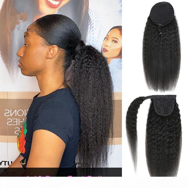 

brazilian afro kinky straight pony tail remy wrap around drawstring ponytail human hair ponytail extensions clip ins 120g, Black