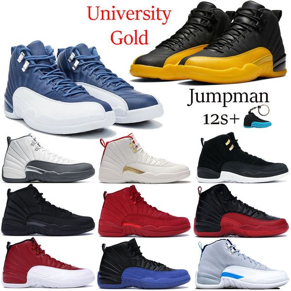 

university gold jumpman 12s 12 basketball shoes indigo reverse taxi gym red white dark grey flu game sneakers men running trainers