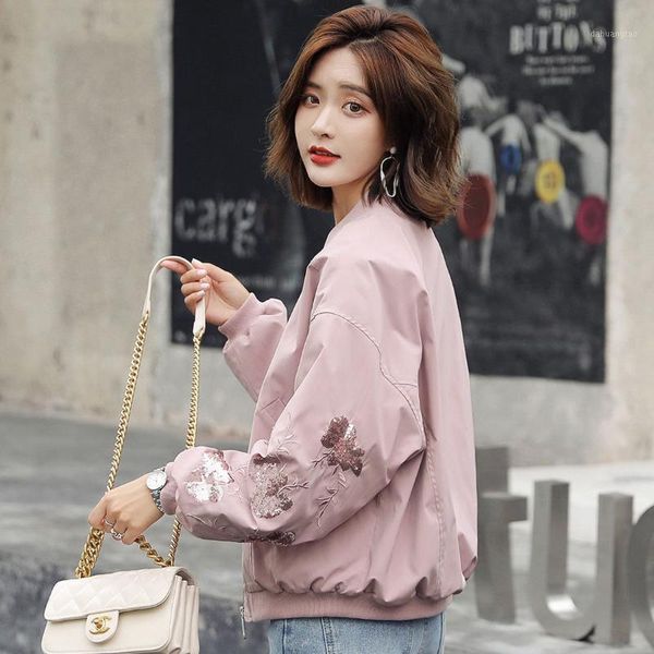 

women 2021 spring autumn fashion sequined embroidery bomber jacket female casual loose outwear new ladies baseball jackets f1211, Black;brown
