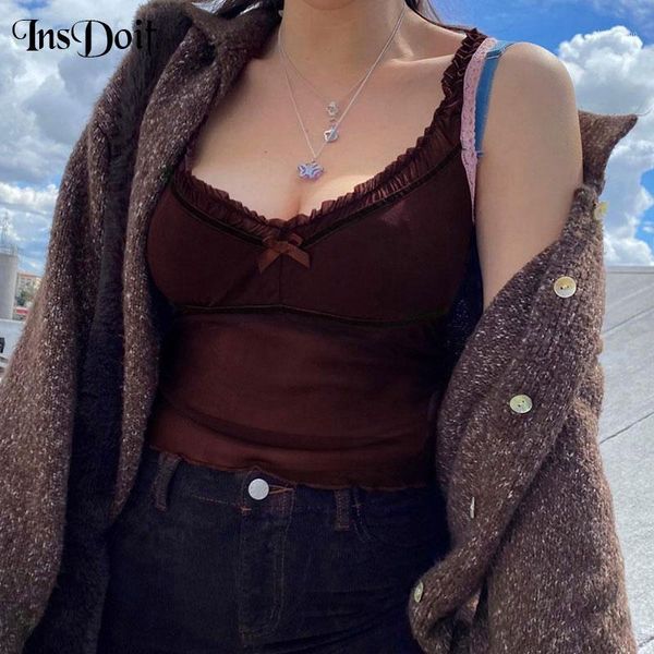 

insdoit vintage ladies bow tank gothic streetwear see through patchwork camis punk harajuku casual sleeveless slim 1, White