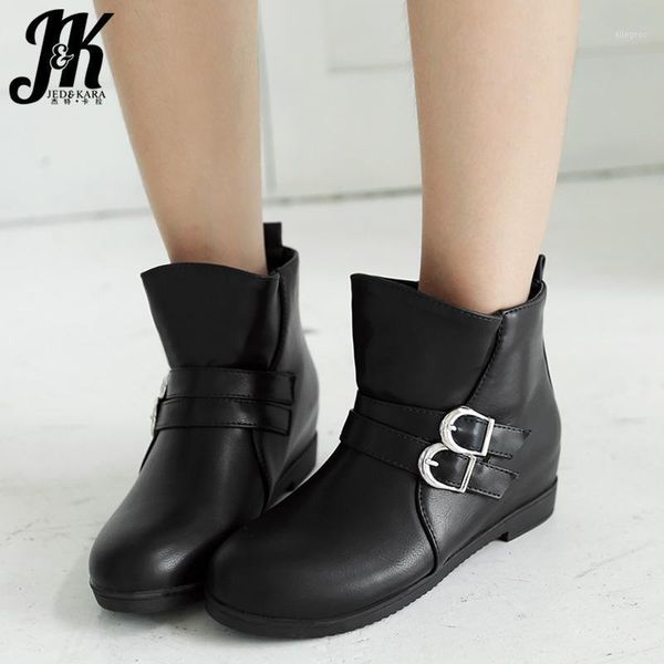 

boots jk pu ankle women round toe elevator booties ladies fashion casual shoes female buckle girl winter 2021 black1, Black
