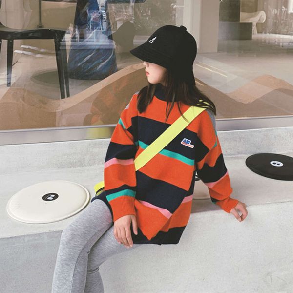 

long winter girls' clothing new korean middle school fashion children's wide stripe sweater, Blue