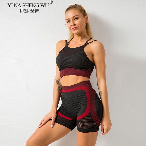 

yoga outfits seamless women vital set workout shirts sport bra gym clothing short crop high waist running leggings sports, White;red