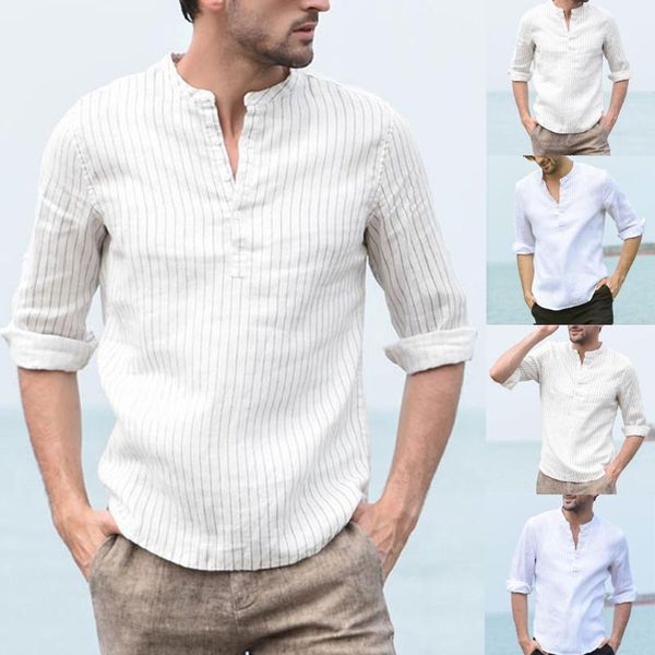 

men's casual shirts 2021 three seasons vintage seven-point stripes linen solid short sleeve 7.23, White;black