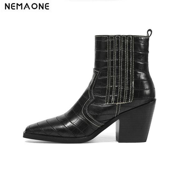 

boots nemaone brand stone grain microfiber leather women square toe autumn winter ladies shoes size 34-43, Black