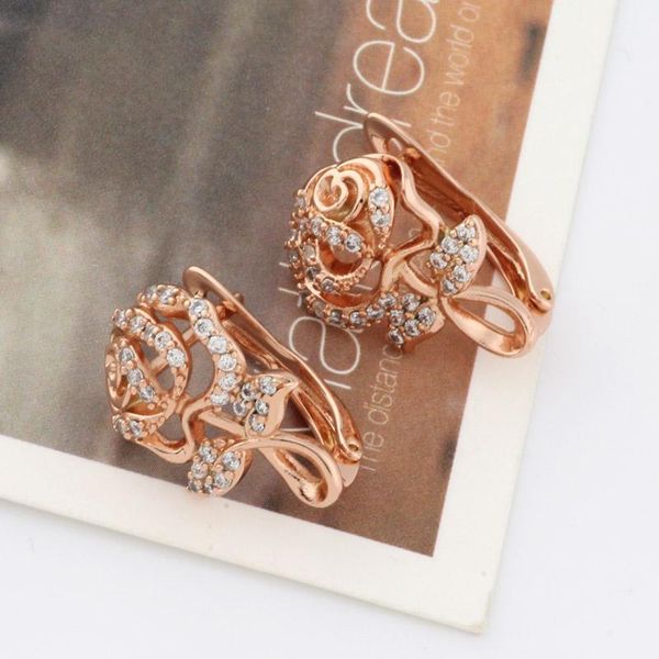 

rose flower cubic zirconia stud earrings 585 rose gold color shiny cz crystal earrings for women fine jewelry wedding party gift, Silver