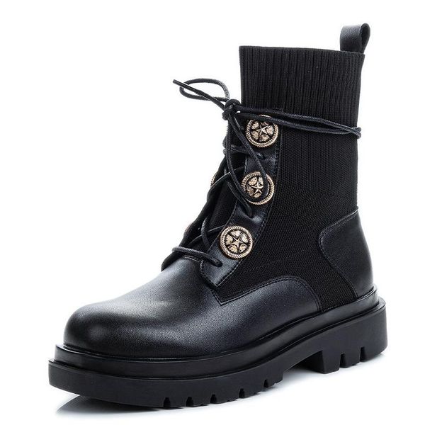 

boots 2021 autumn and winter shoes women retro mid-tube socks ladies short flat heel thick british style women's, Black