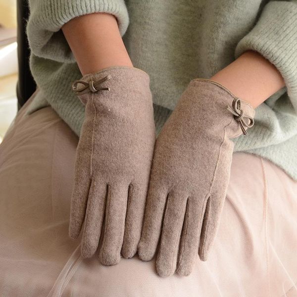 

five fingers gloves women winter keep warm touch screen plus velvet inside wool cashmere female thicken bow elegant style high quality, Blue;gray