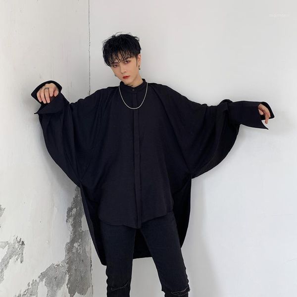 

male japan streetwear hip hop loose casual black white stage show shirt men bat long sleeve stand collar party dress shirts1, White;black