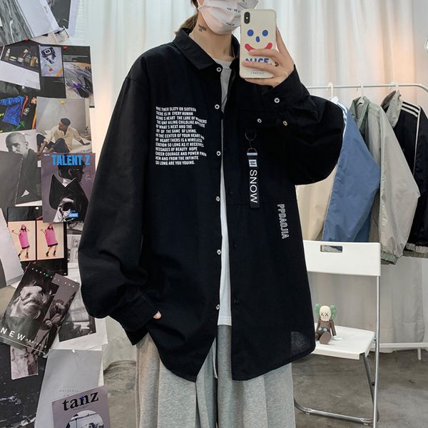 

2021 new beach printing shirt for -autumn spring black men's white sleeves oversized 5xl yeao, White;black