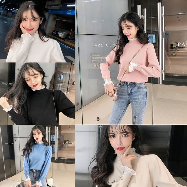 

lotus sweater collar sweater women's autumn winter 2020 new korean version of slim pullover knitted bottoming shirt is versatile jesii, White;black
