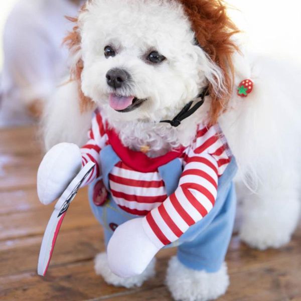 

dog apparel pet cosplay costume adjustable funny lethal doll wig pug party clothing, christmas and festival
