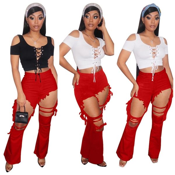 

2021 soild colors women's fashion hole flare jeans spring summer ladies trendy leggings pants clothes skinny pants plus size hh12102, White