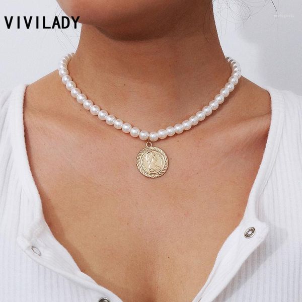 

chokers vivilady european imitation pearl chain chic round portrait disc women pendant necklace for female party jewelry bijoux1, Golden;silver