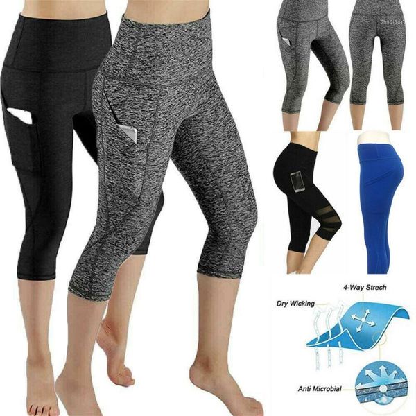 

yoga outfits women's 3/4 pants gym fitness sports cropped leggings pocket slim female solid color casual yoga1, White;red