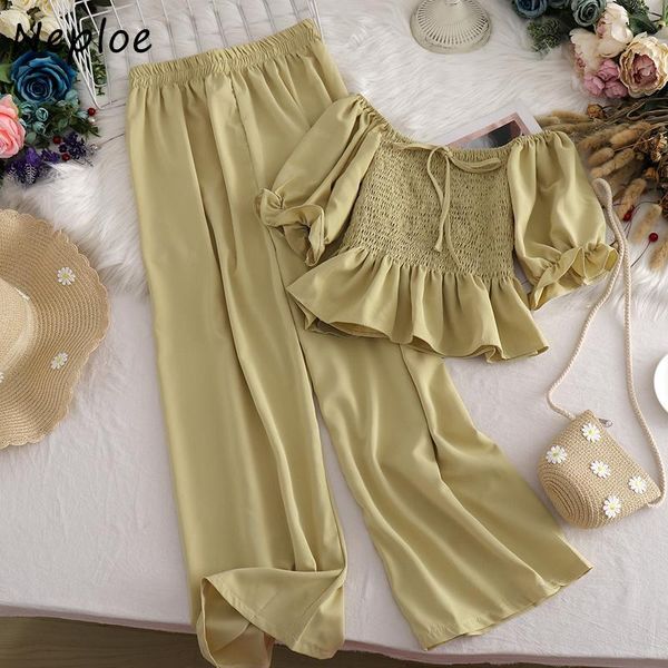 

neploe summer slash neck slim fit puff sleeve chiffion wide leg pants womens two piece sets 2020 ruffles female suits 82098, Gray