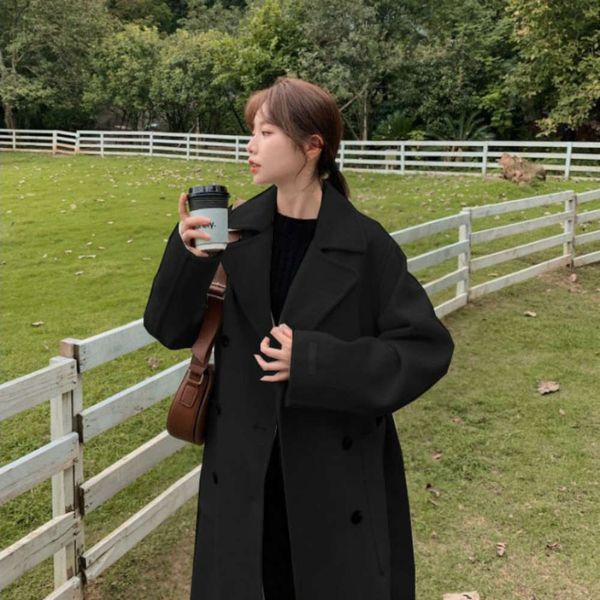 

1korean medium and long hepburn loose lace up woolen coat for women8uy, Black