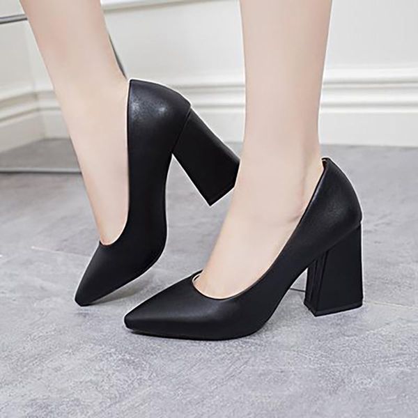 

dress shoes woman pumps ladies classic office slip on women square heels female pointed toe mid women's footwear 2021 pluse size, Black