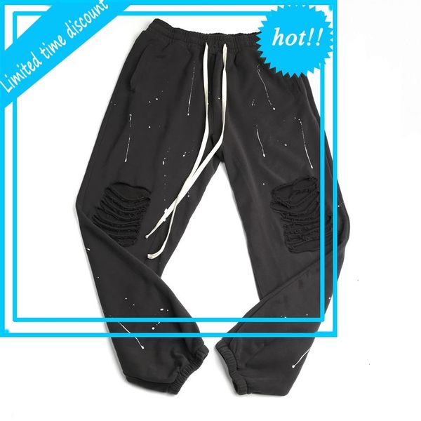 

loose dark grey broken sweatpants hip hop ripped drawstring jogger pants men autumn streetwear, Black