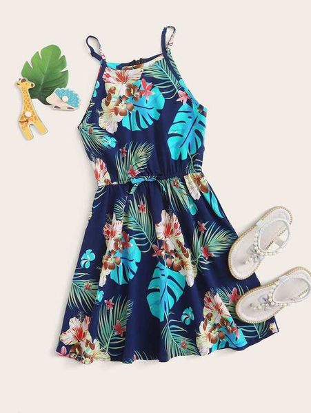 

girls tropical print cami dress she02, Red;yellow