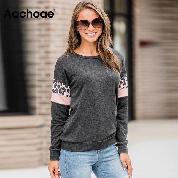 

aachoae women hoodies and sweatshirts leopard print long sleeve casual pullover stripe patchwork o-neck sudaderas lj201103, Black